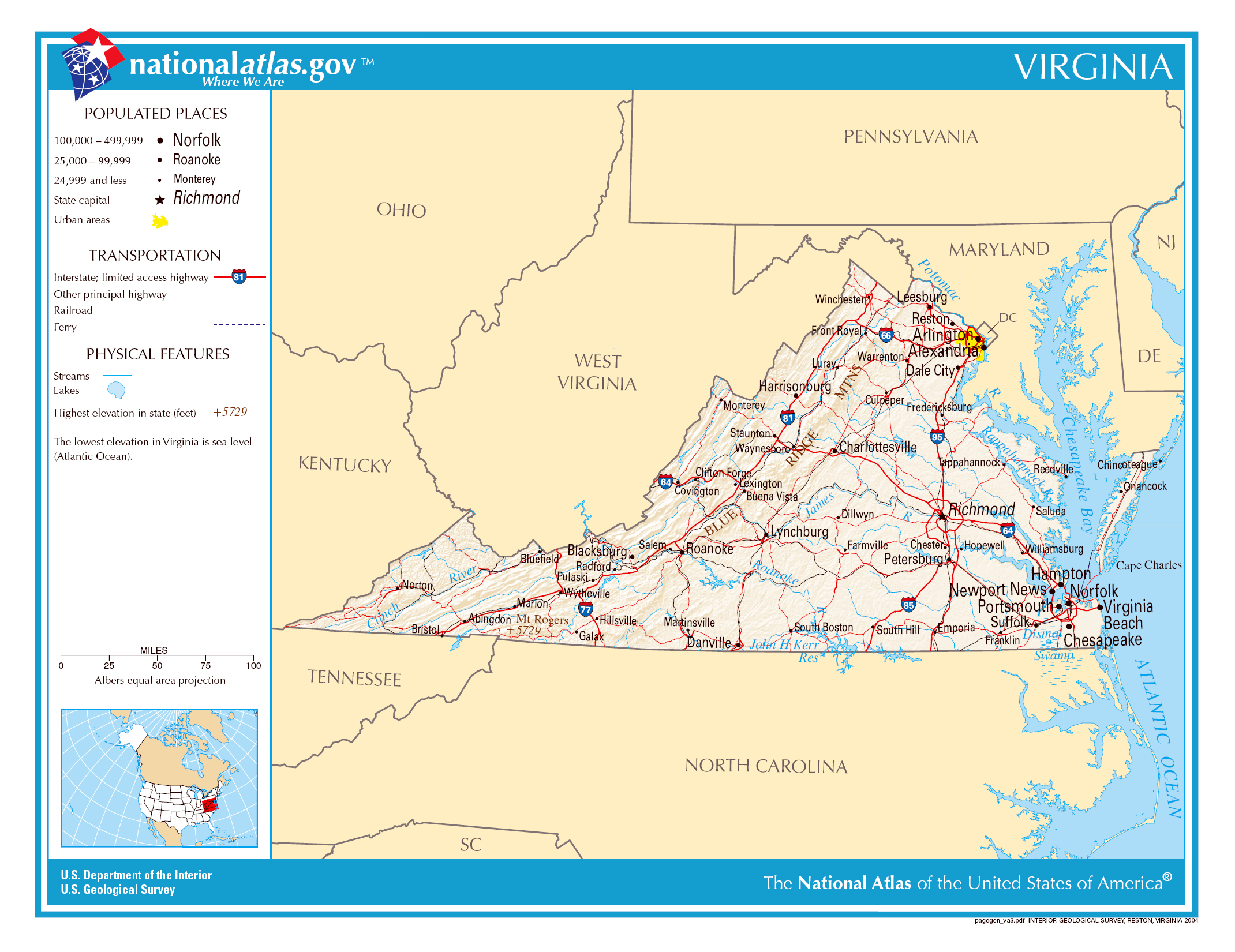 Large detailed map of Virginia state. Virginia state large detailed map