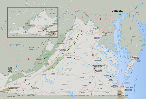 Large detailed map of Virginia state with national parks, highways and major cities.