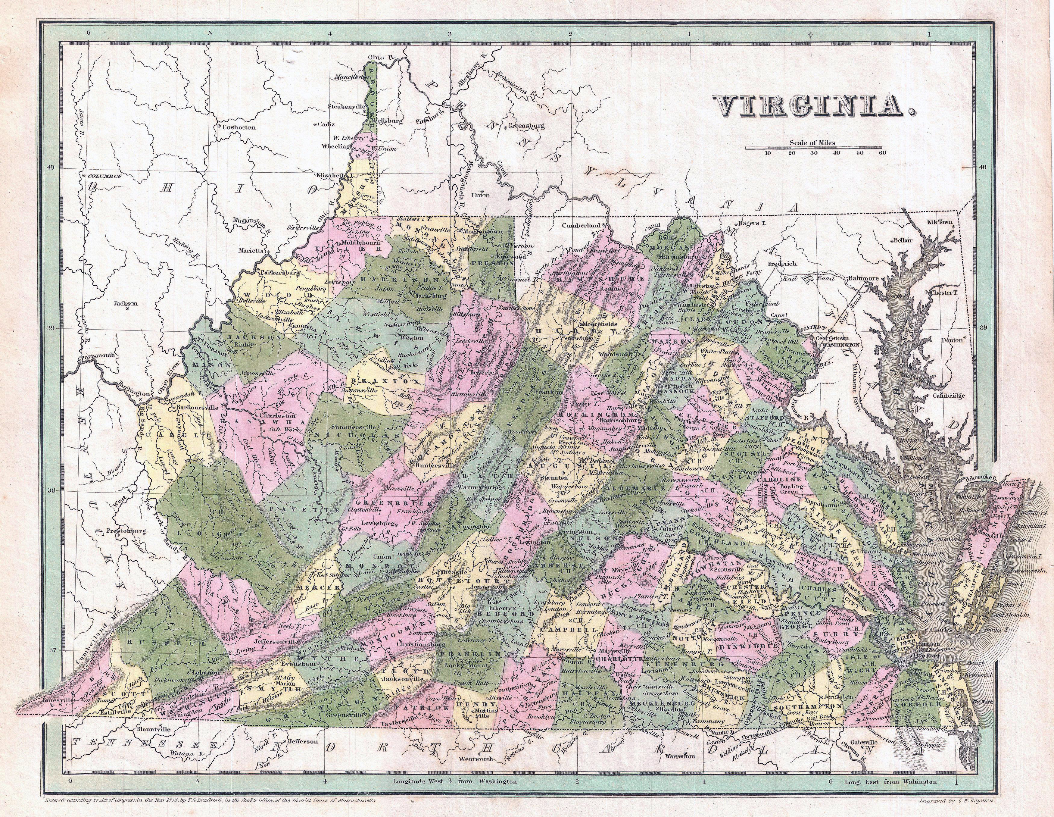 Large Detailed Old Administrative Map Of Virginia State 1838