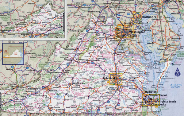 Large detailed roads and highways map of Virginia state with national