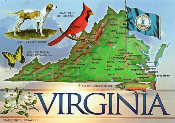 Large detailed tourist map of the state of Virginia.