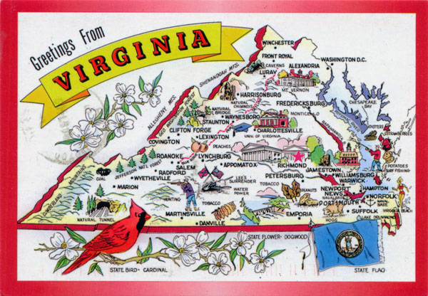 Large tourist illustrated map of the state of Virginia.