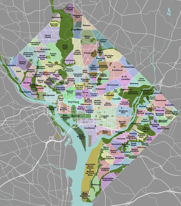 Large detailed neighborhoods map of Washington D.C..