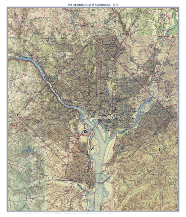 Large detailed old topographic map of Washington D.C. - 1945.