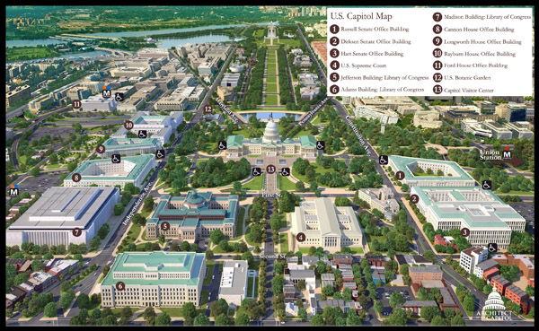 Large detailed panoramic map of U.S. Capitol.