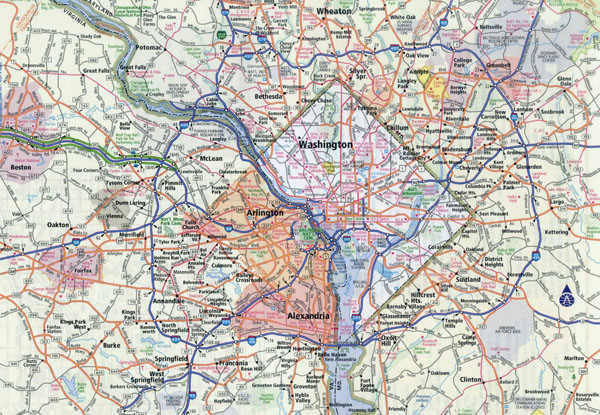 Large detailed roads and highways map of Washington D.C. and vicinity.