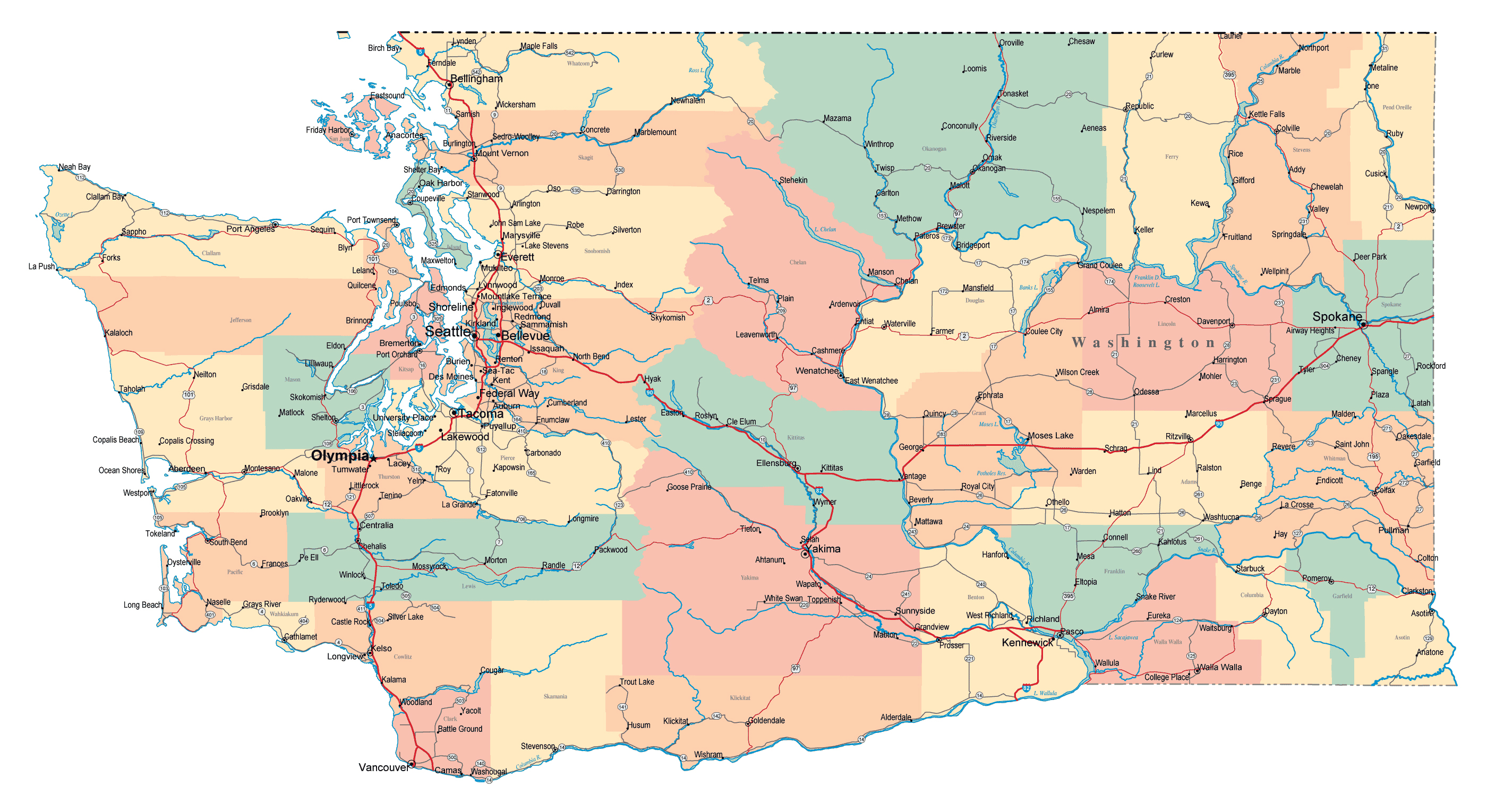 Large Administrative Map Of Washington State With Roads Highways
