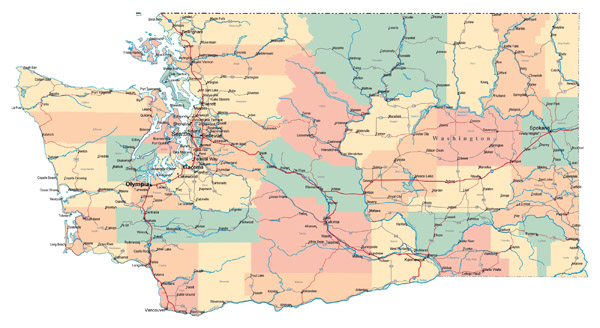 Large administrative map of Washington state with roads, highways and major cities.