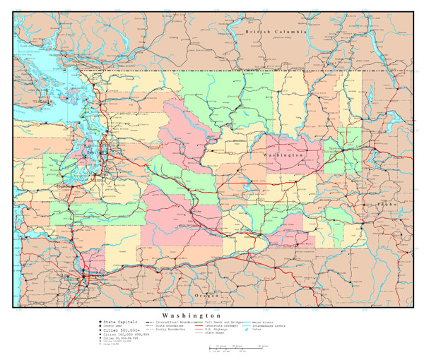 Large detailed administrative map of Washington state with roads, highways and cities.