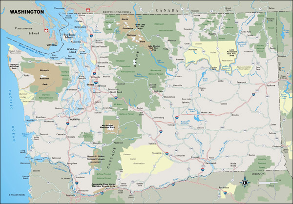 Large detailed map of Washington state with national parks and highways.