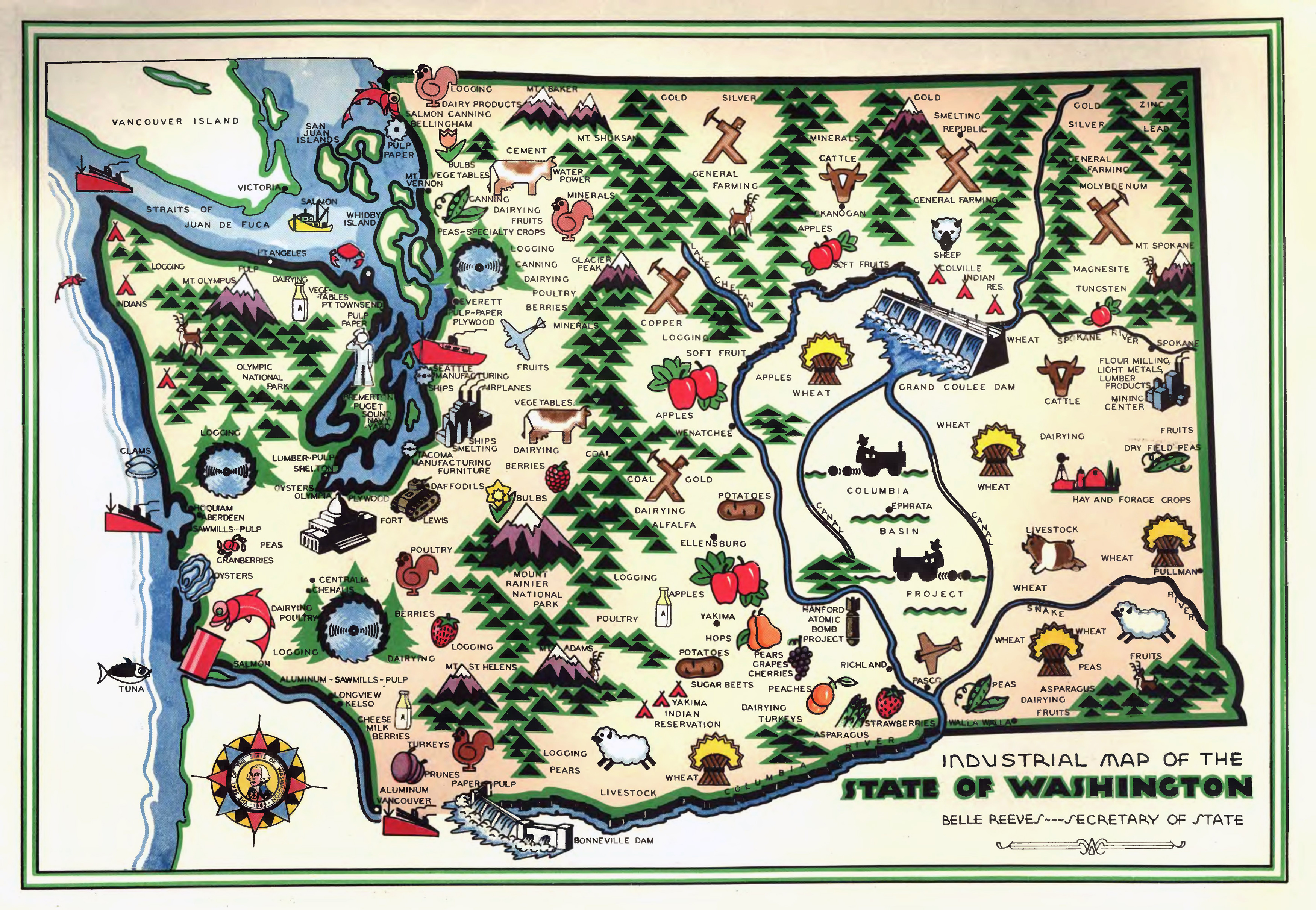 Large detailed old industrial illustrated map of Washington state ...