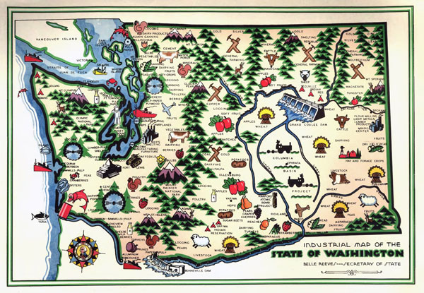 Large detailed old industrial illustrated map of Washington state - 1945.