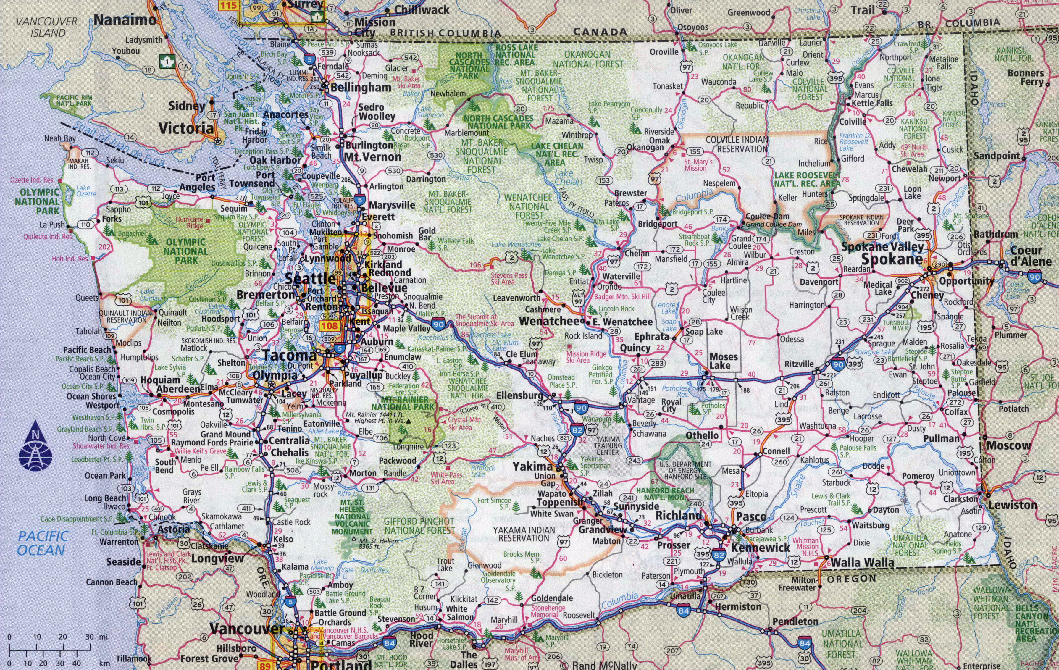 Large detailed roads and highways map of Washington state with all