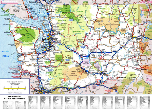 Large detailed roads and highways map of Washington state with national parks and all cities.