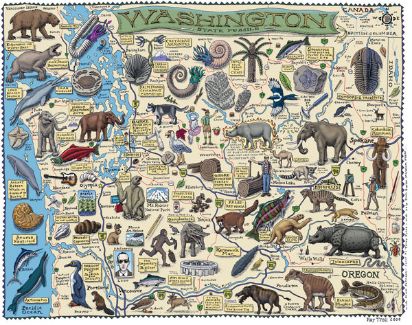 Large detailed tourist illustrated map of Washington state.