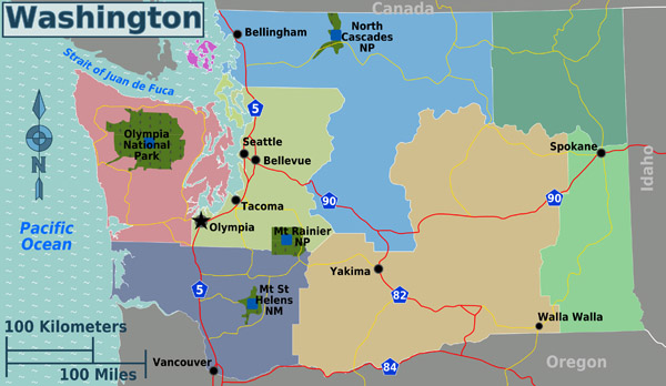 Large regions map of Washington state. Washington state large regions map.