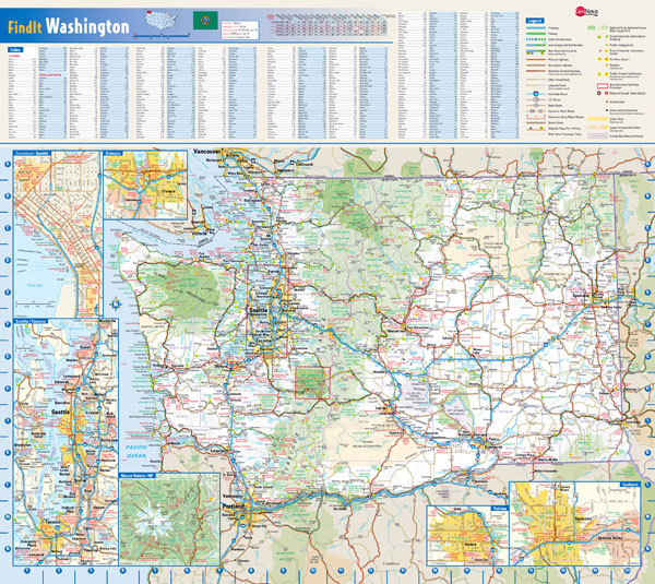 Large roads and highways map of Washington state with national parks, all cities, towns and villages.