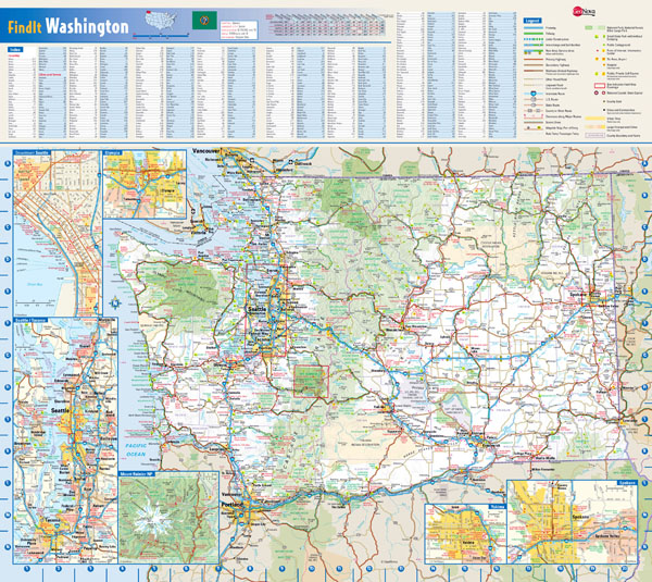 Large roads and highways map of Washington state with national parks, all cities, towns and villages. Large roads and highways map of Washington state with national parks, all cities, towns and villages.