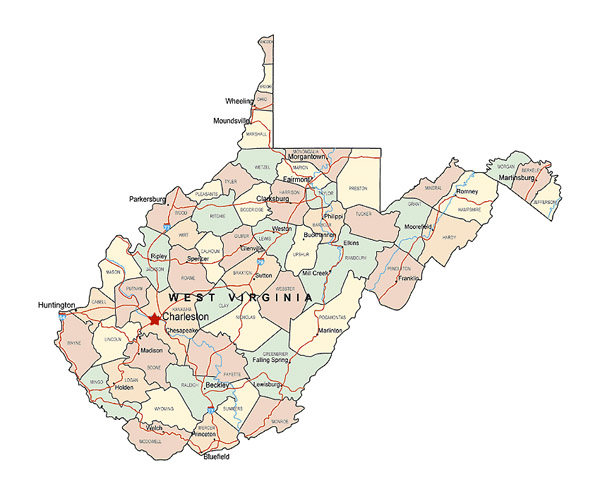 Administrative map of West Virginia state with major cities.