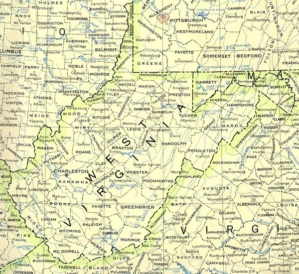 Detailed map of the state of West Virginia.