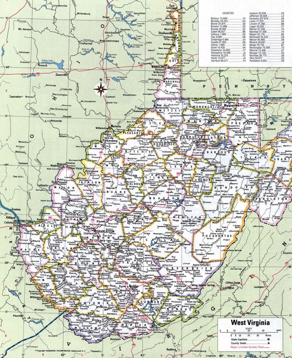 Large detailed administrative divisions map of West Virginia state with cities.