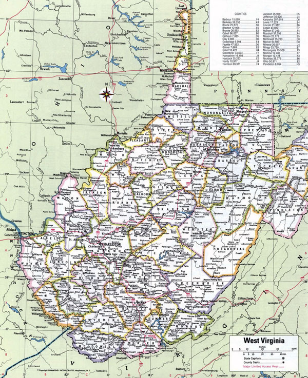 Large detailed administrative divisions map of West Virginia state with