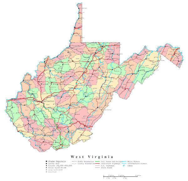 Large detailed administrative map of West Virginia state with roads, highways and cities.