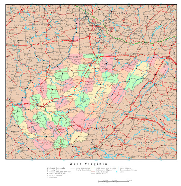 Large detailed administrative map of West Virginia state with roads, highways and major cities.