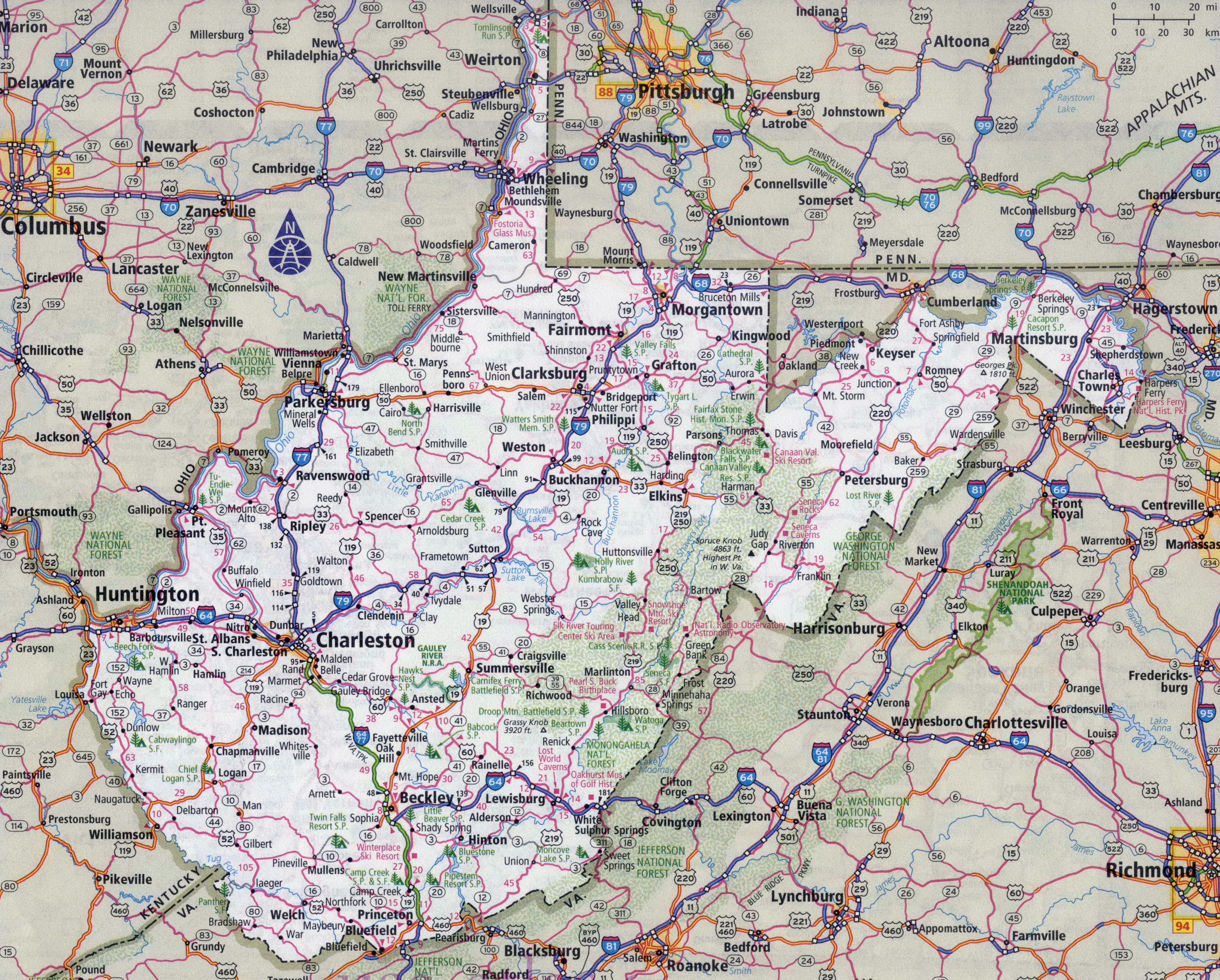 Large Detailed Roads And Highways Map Of Virginia And West Virginia