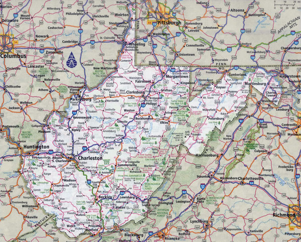 Large detailed roads and highways map of Virginia and West Virginia with all cities.