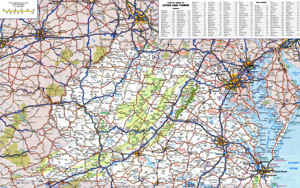 Large detailed roads and highways map of Virginia and West Virginia with national parks and cities.