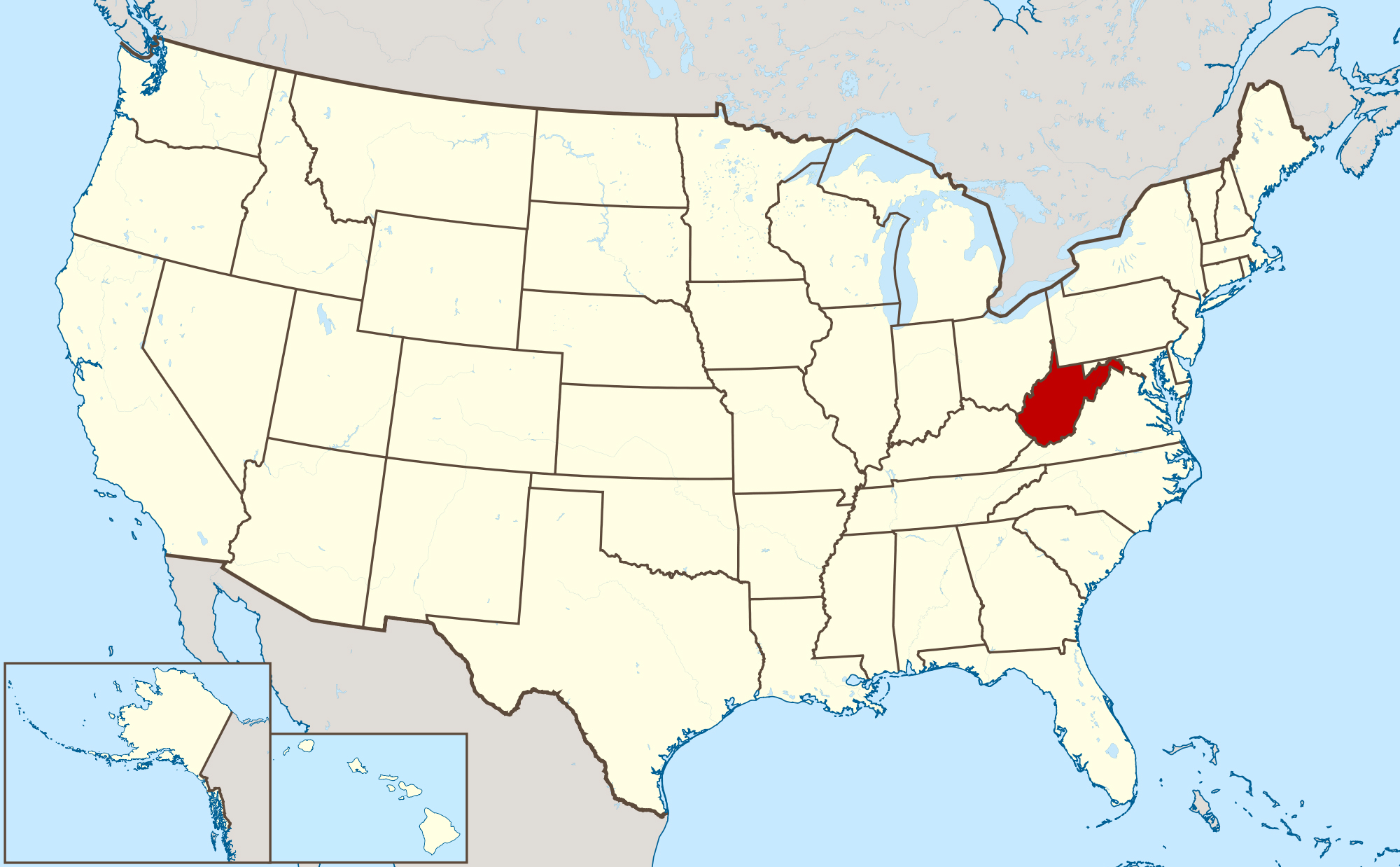 Large location map of West Virginia. The state of West Virginia large location map