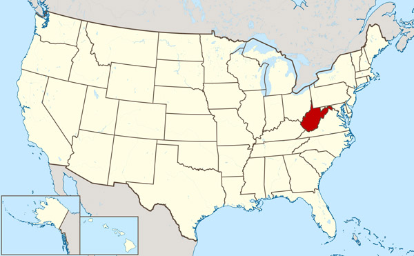 The state of West Virginia large location map.