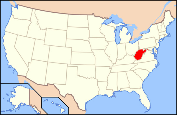 Large location map of West Virginia state. West Virginia large location map.