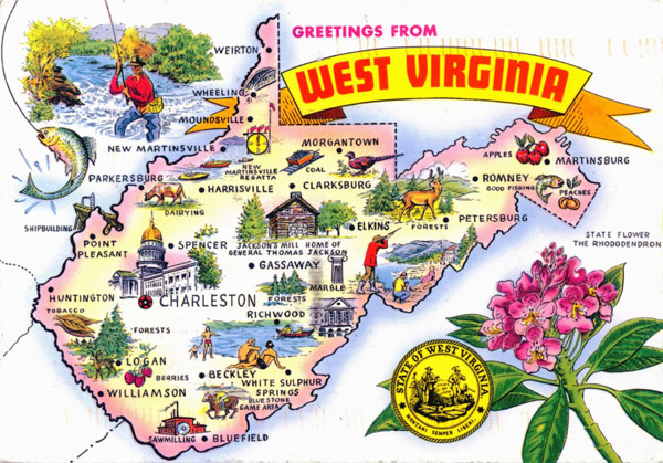 Large tourist illustrated map of the state of West Virginia.