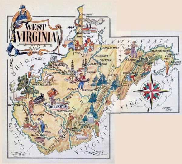 Large tourist illustrated map of West Virginia state.