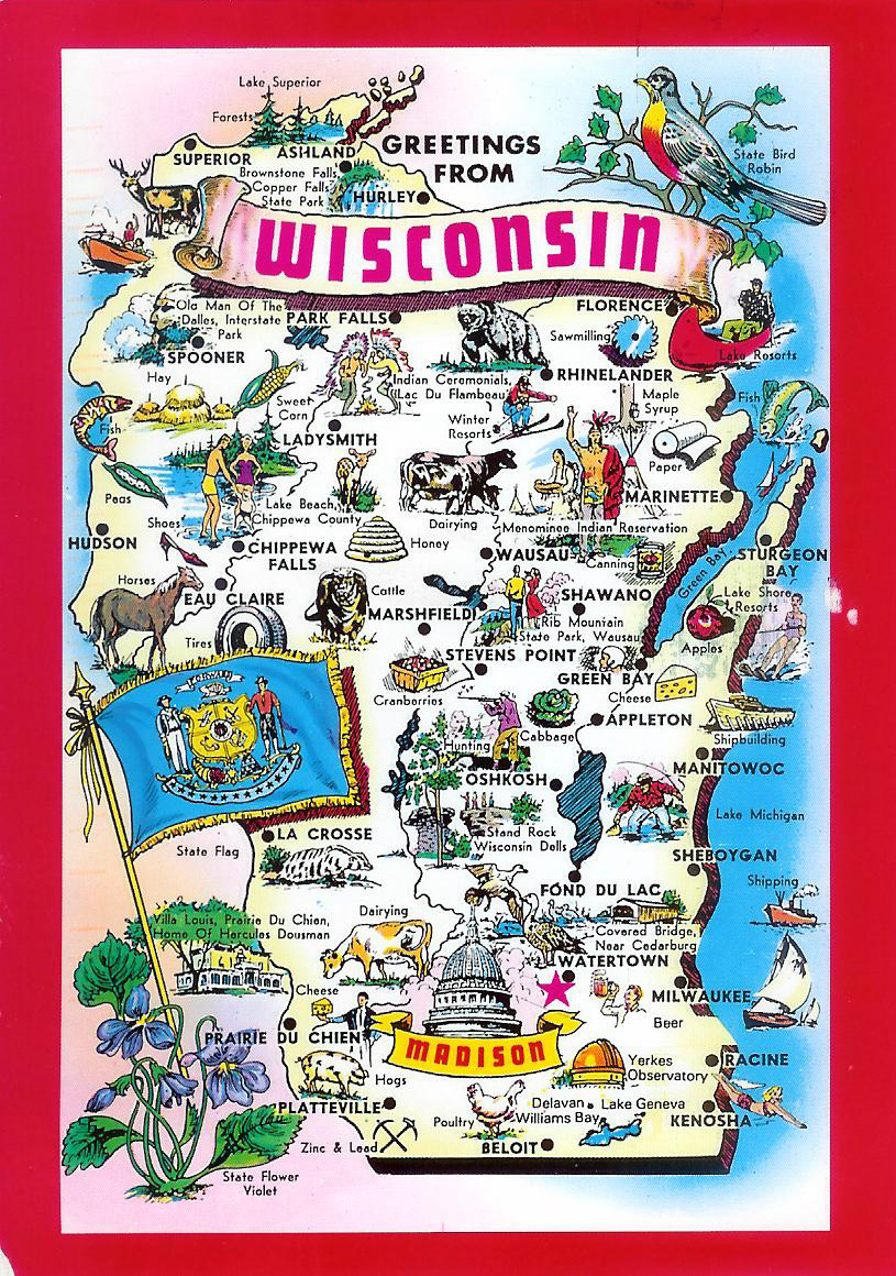 Detailed tourist illustrated map of Wisconsin state | Vidiani.com