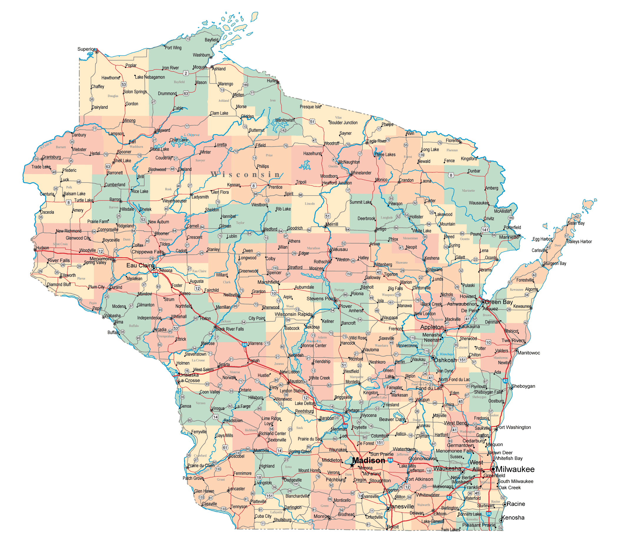 Wisconsin Map Of Towns Large Administrative Map Of Wisconsin State With Roads, Highways And Major  Cities | Vidiani.com | Maps Of All Countries In One Place
