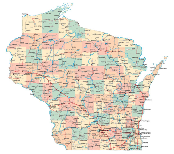 Large administrative map of Wisconsin state with roads, highways and major cities.