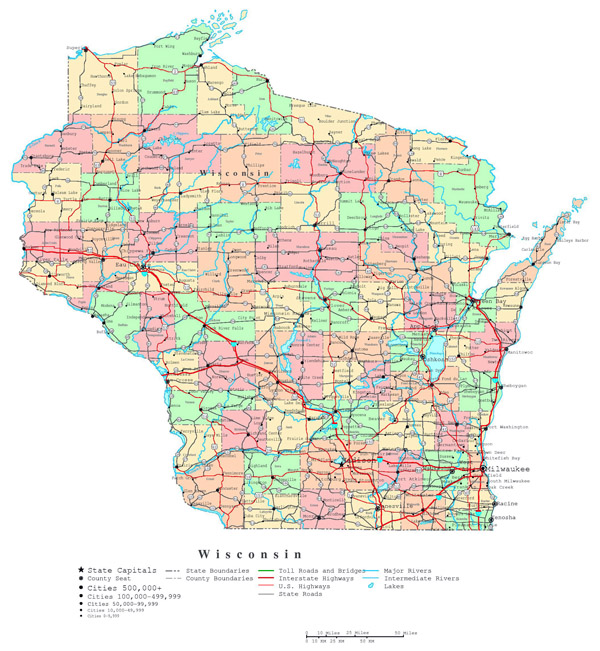 Large detailed administrative map of Wisconsin state with roads, highways and cities.