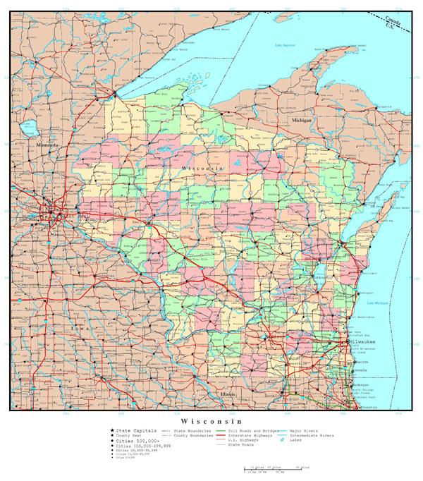 Large detailed administrative map of Wisconsin state with roads, highways and major cities.