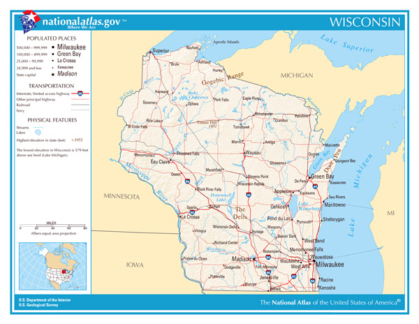 The state of Wisconsin large detailed map.