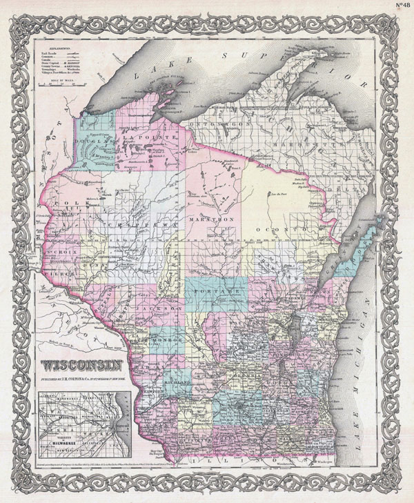 Large detailed old administrative map of Wisconsin state - 1855.