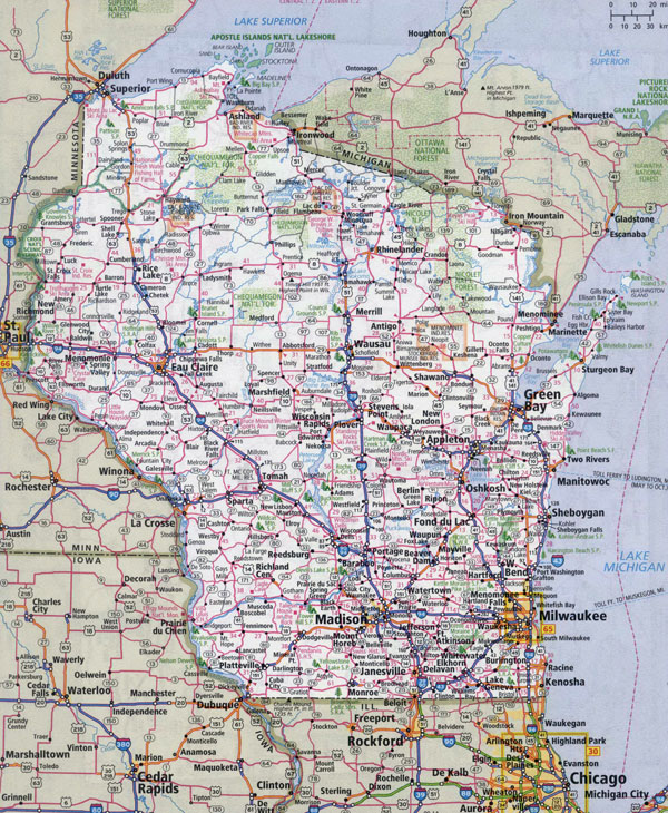 Large detailed roads and highways map of Wisconsin state with all cities.