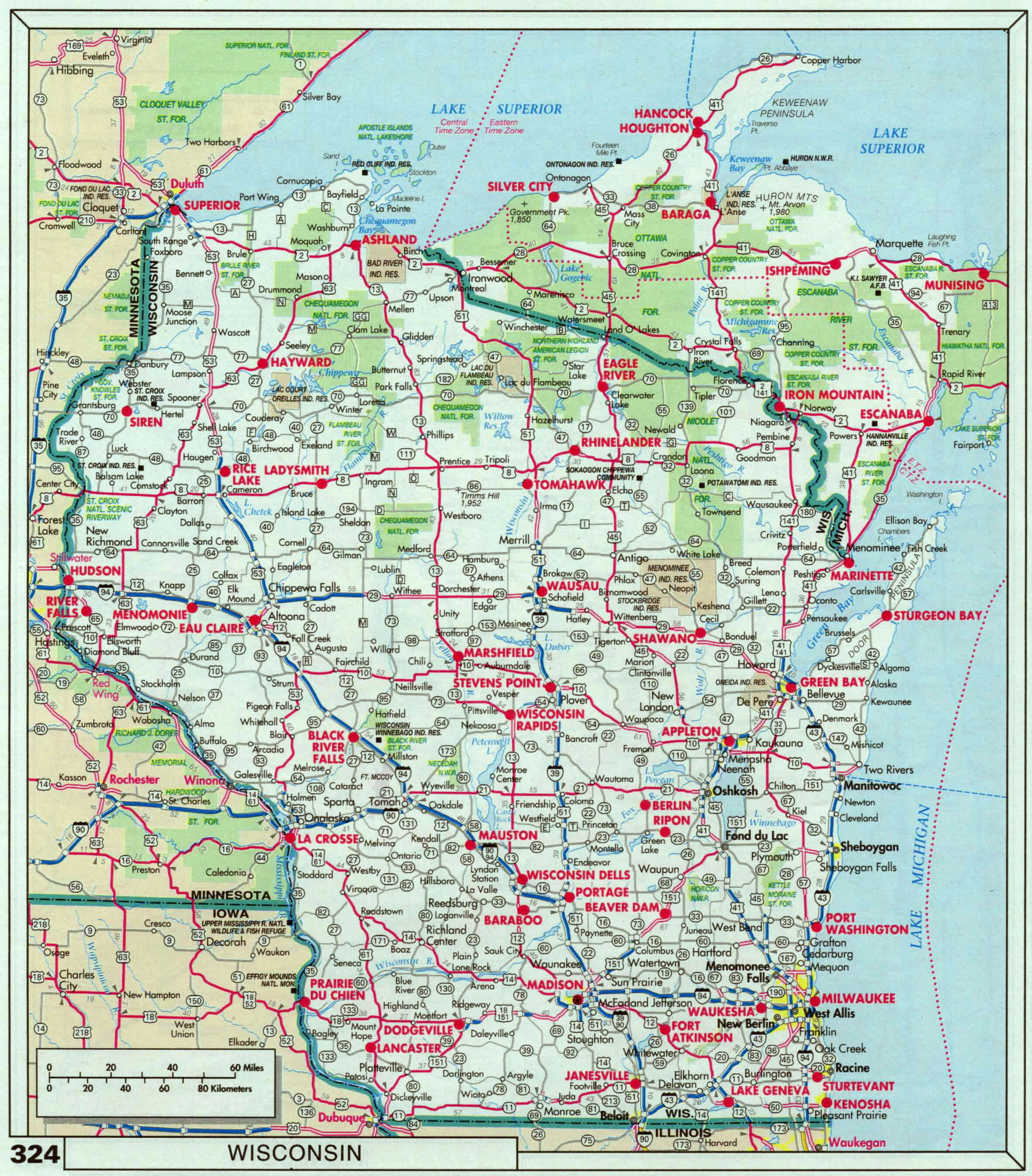 Large roads and highways map of Wisconsin state with national parks and