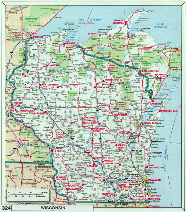 Large roads and highways map of Wisconsin state with national parks and cities.