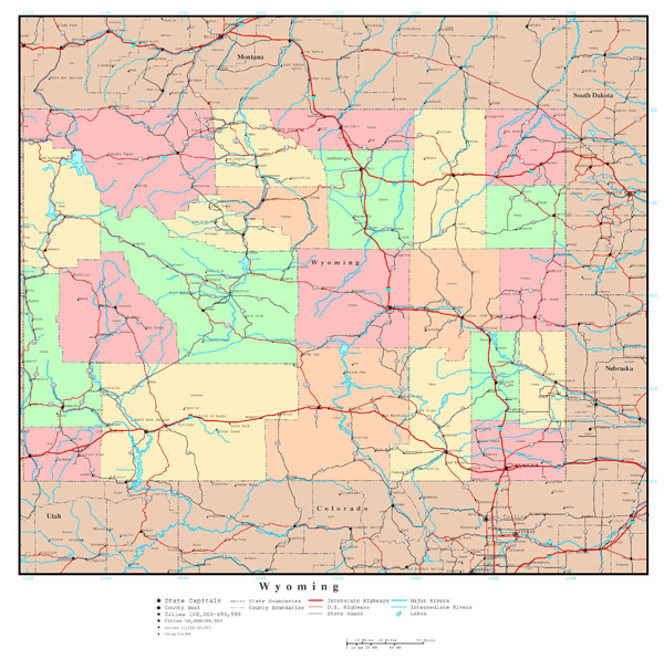 Large detailed administrative map of Wyoming state with roads, highways and major cities.