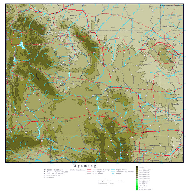 Large detailed elevation map of Wyoming state with roads, highways and cities.