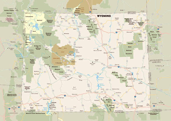 Large detailed map of Wyoming with national parks, highways, roads and major cities.