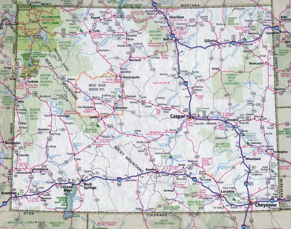 Large detailed roads and highways map of Wyoming state with all cities.